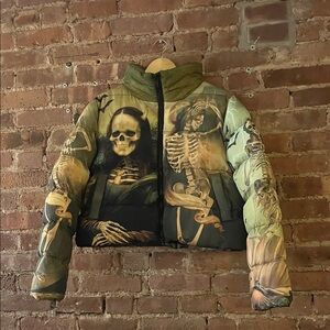 Dolls Kill Skeleton Print Puffer Jacket - Green and Black
